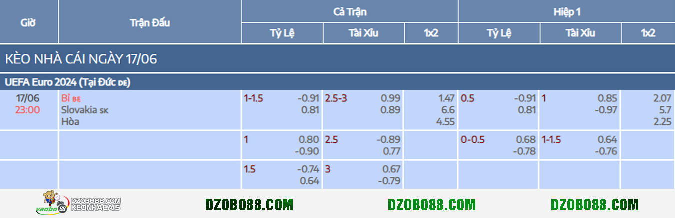 Belgium vs Slovakia match odds