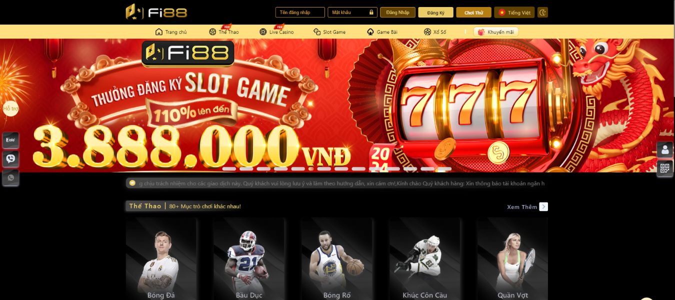 Homepage of the FI88 football betting site